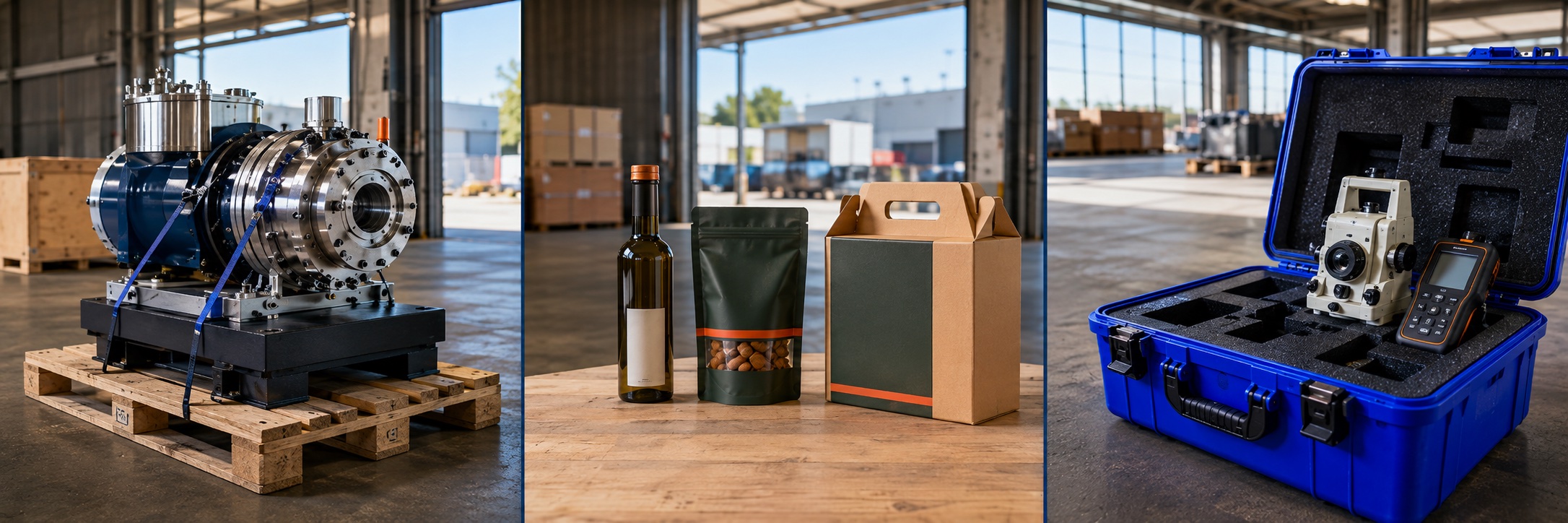 Maquinaria industrial, alimentos y bebidas, y equipo profesional preparados para logística comercial