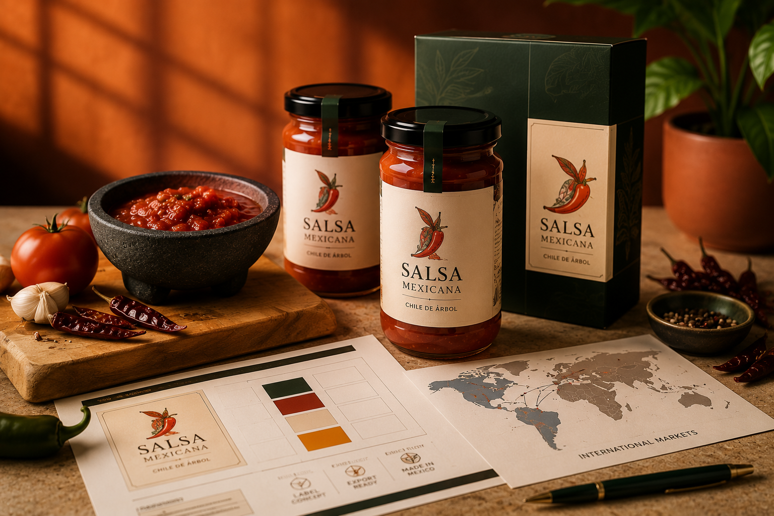 Producto mexicano, empaque y ruta comercial internacional preparados para expansión.