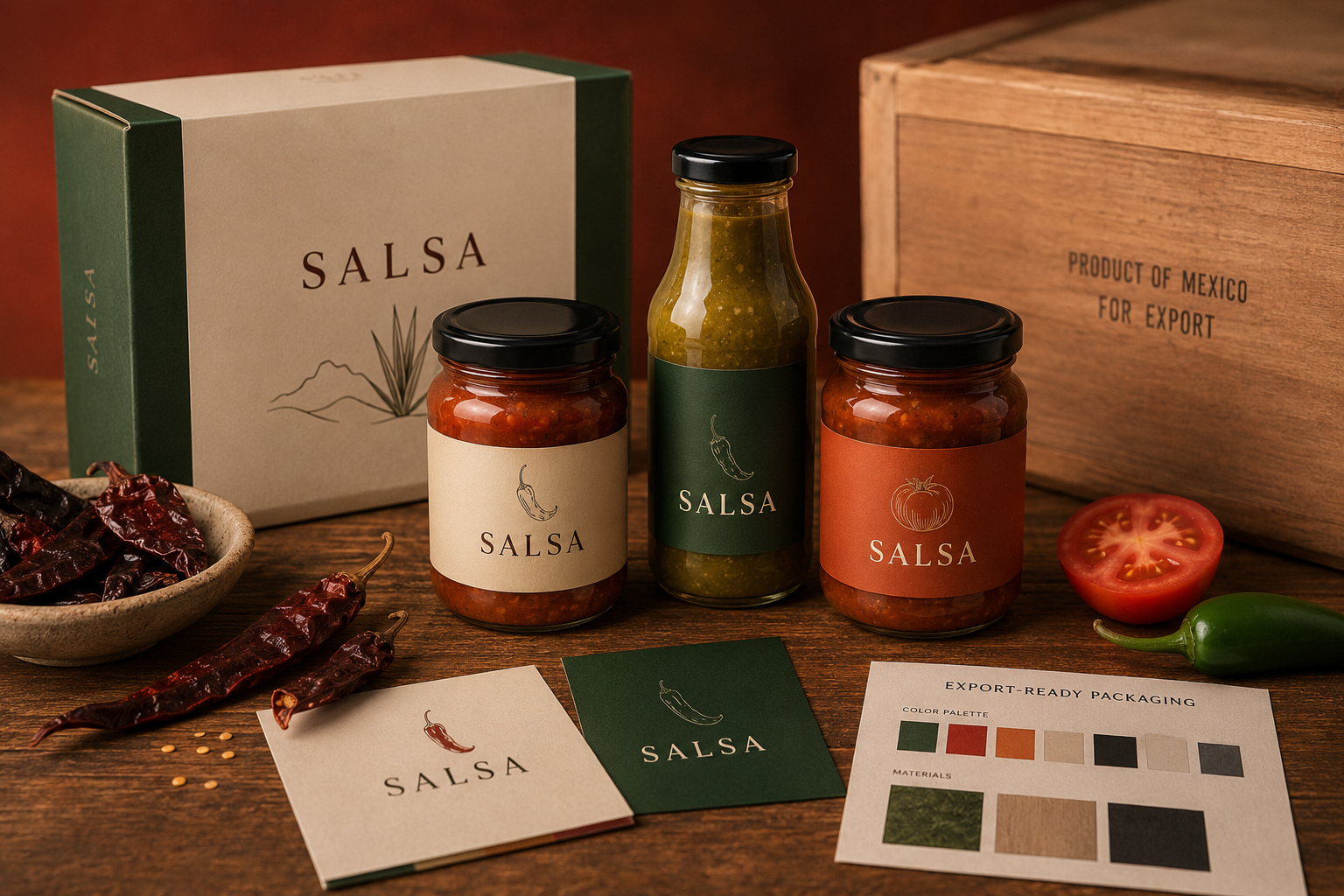 Producto mexicano, empaque y materiales preparados para exportación.